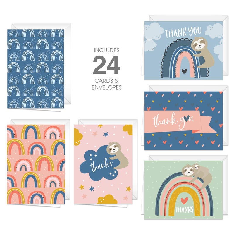 Canopy Street Sloth And Rainbow Thank You Cards / 24 Colorful Thank You Cards With White Envelopes / 6 Cute Whimsical Animal Appreciation Designs / 3 1/2" x 4 7/8" All Occasion Gratitude Note Cards - Image 1